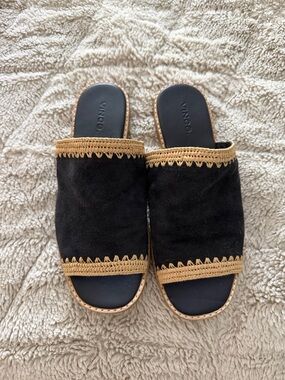 Vince Navy Suede Slide Mules with Tan Crochet Trim